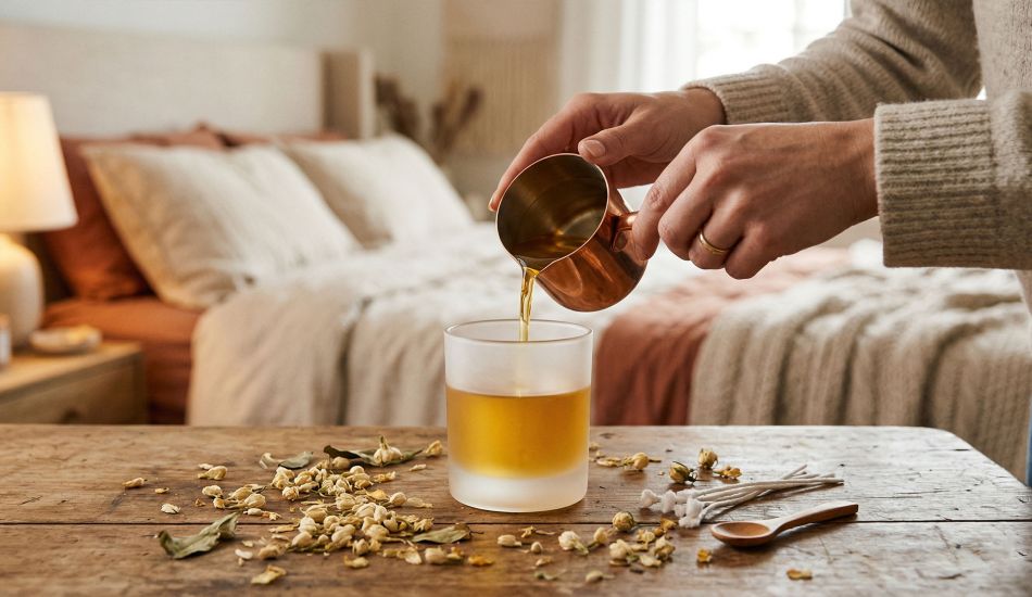 A woman crafting a scented soy candle for a romantic date night.