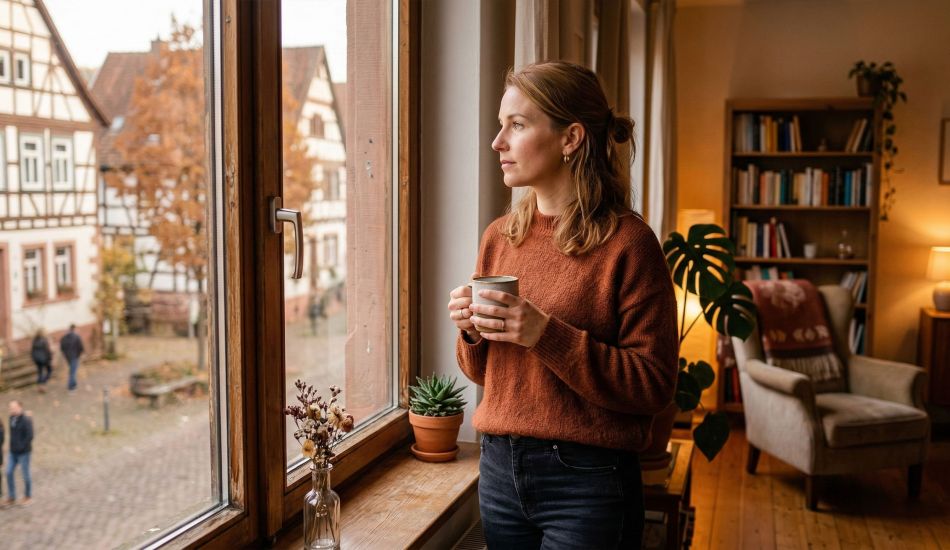 Eine nachdenkliche Frau blickt aus dem Fenster in einer warmen Wohnumgebung.