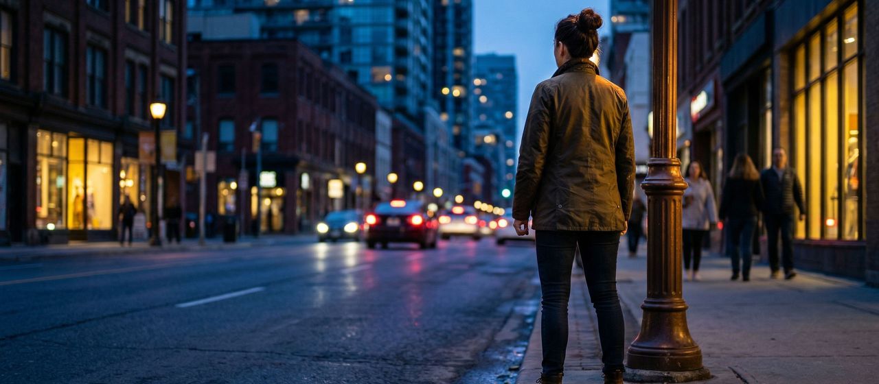 Woman standing confidently on a city street at dusk, viewed from behind, representing personal safety awareness and resilience