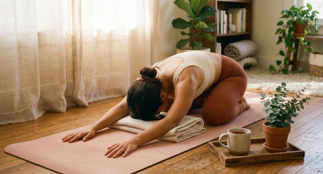 Mulher praticando a postura de yoga Baddha Konasana para a saúde pélvica e reprodutiva sobre um tapete rosa suave sob luz natural