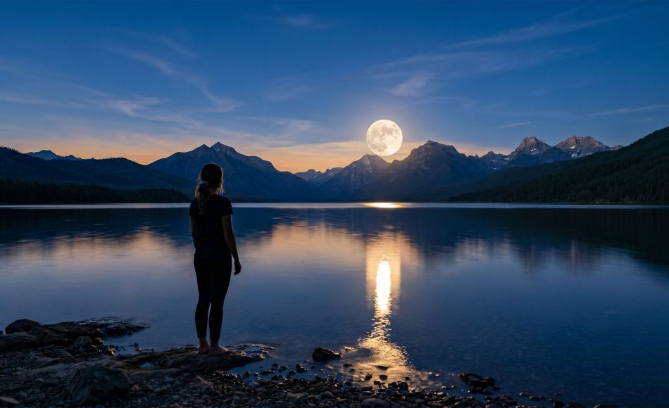 Full moon rising over calm ocean water at blue hour, with the silhouette of a woman standing at the shoreline looking up — symbolizing the ancient connection between the lunar cycle and the menstrual cycle