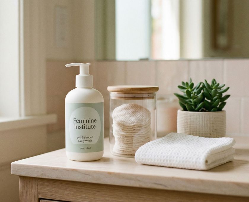 Gentle feminine bathroom scene with natural skincare products representing a mindful women's hygiene routine