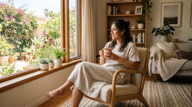 Una mujer tranquila disfrutando de un momento de calma en un hogar limpio y luminoso.
