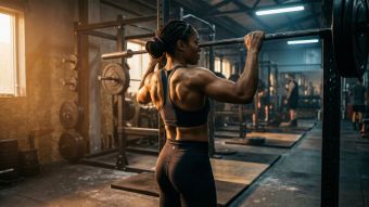 Strong female athlete training in a gym, rear view showing defined back and arm muscles in dramatic side lighting
