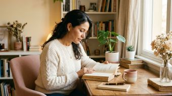 Una mujer sentada en un escritorio iluminado leyendo y reflexionando con luz cálida y suave