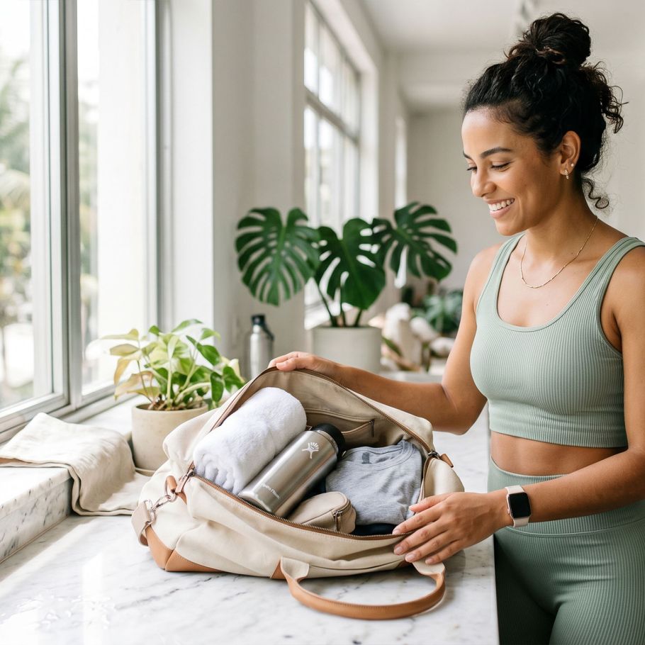 Mulher com roupa esportiva clara colocando uma bolsa de academia após o treino, luz natural