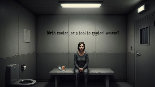 Woman holding birth control pills with split imagery of empowerment and control.