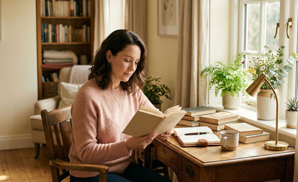 A woman seated at a sunlit desk reading and reflecting in soft warm light