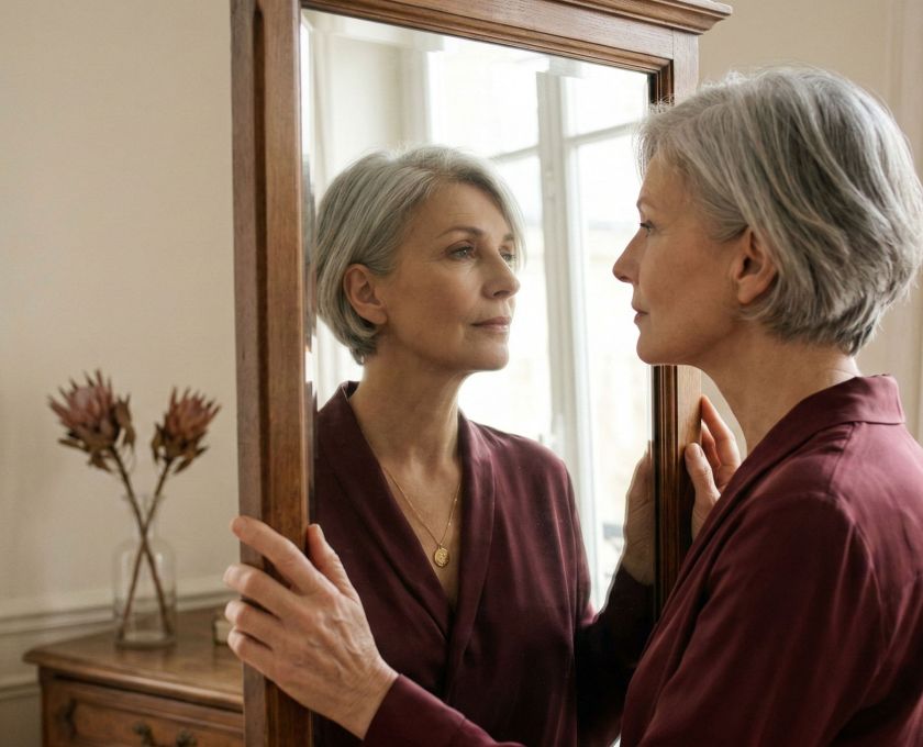 Une femme mûre élégante réfléchissant à son parcours et à ses changements physiques.