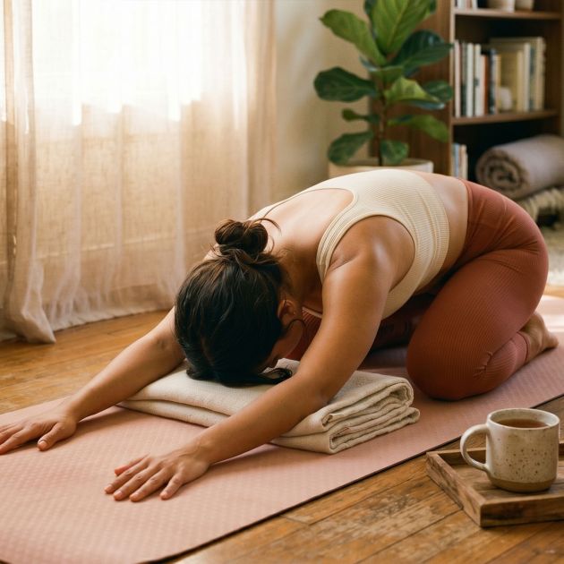 Mujer practicando la postura de yoga Baddha Konasana para la salud pélvica y reproductiva sobre una esterilla color rosa suave con luz natural