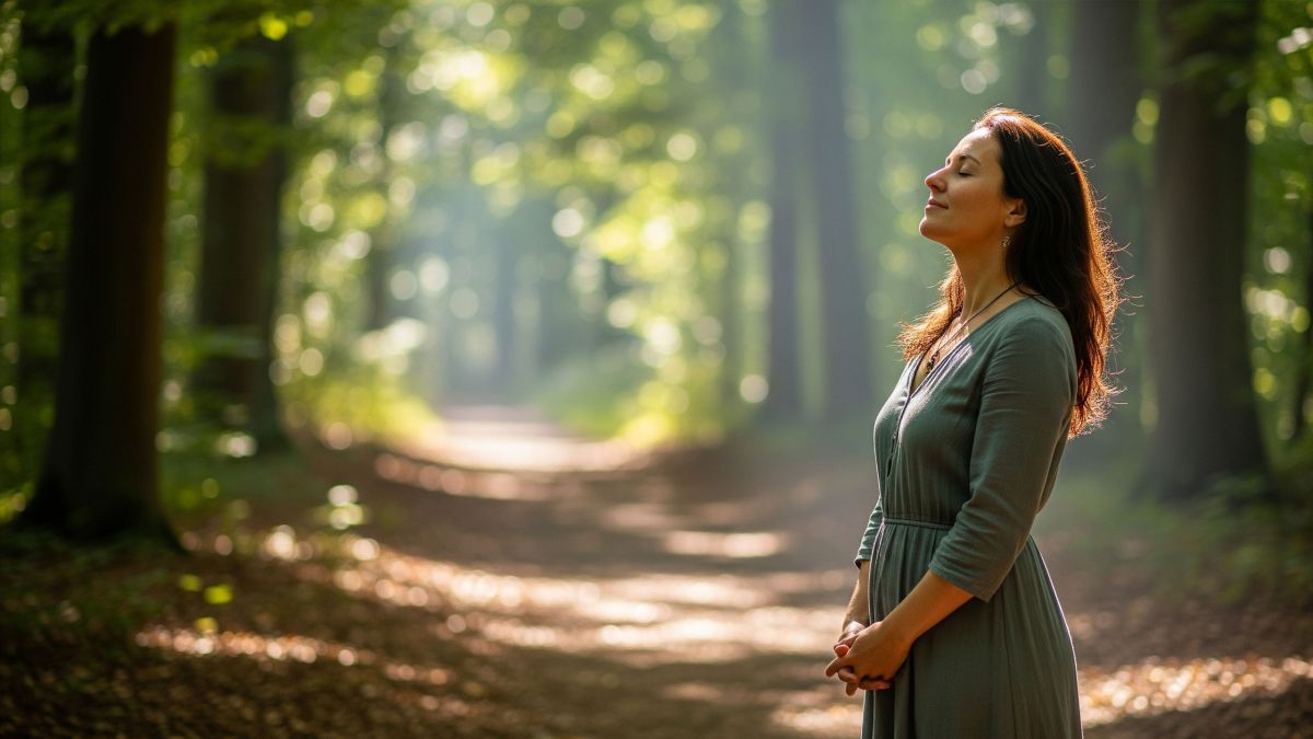 Mujer caminando tranquilamente en un parque, reflexionando sobre la autoaceptación