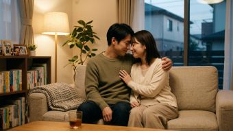 建設的な会話の後、落ち着いたつながりと相互理解を分かち合うカップル。