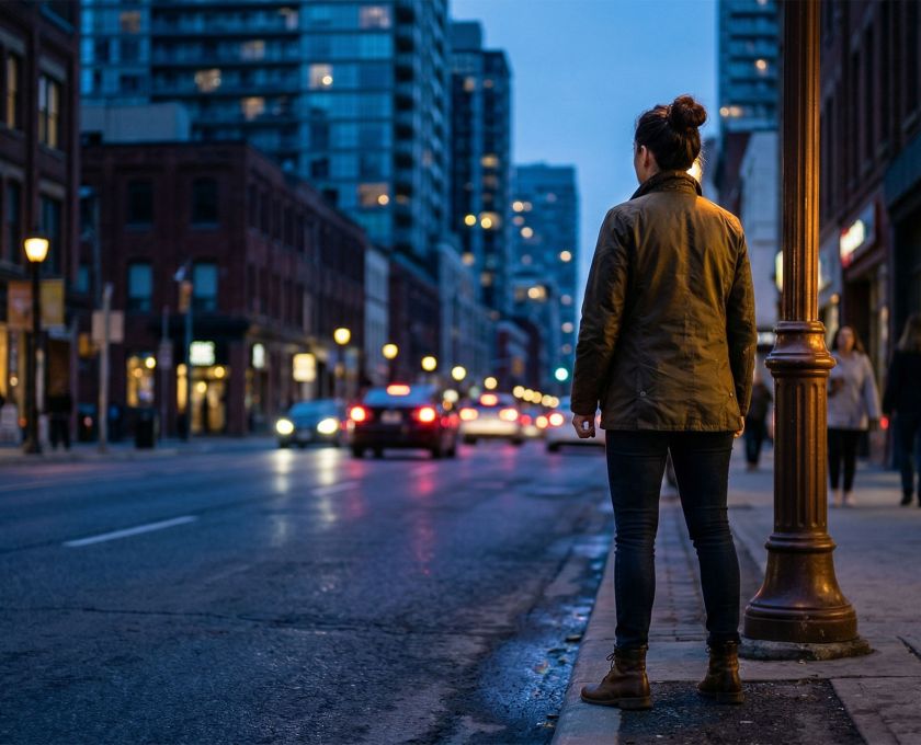 Woman standing confidently on a city street at dusk, viewed from behind, representing personal safety awareness and resilience