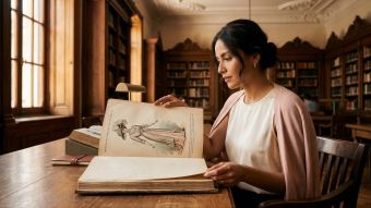 Mujer en una biblioteca histórica leyendo un volumen encuadernado de revistas de moda de la década de 1910 mientras investiga cuándo empezaron las mujeres a depilarse las axilas.