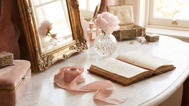 Un tocador femenino sofisticado con un espejo dorado y un diario, que representa la historia de la educación privada y la salud de las mujeres.