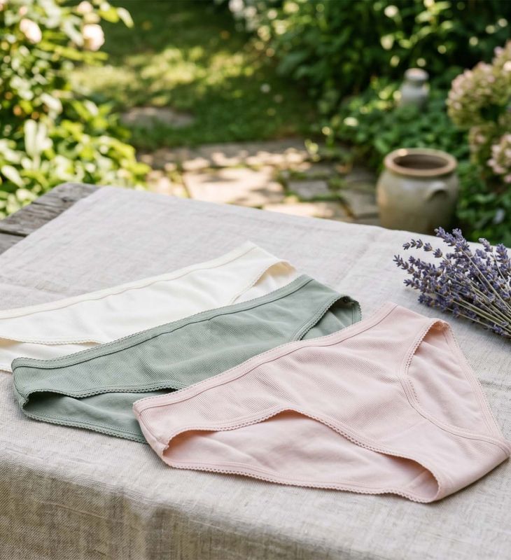 Neatly folded breathable cotton underwear in soft neutral colors on a white linen background.