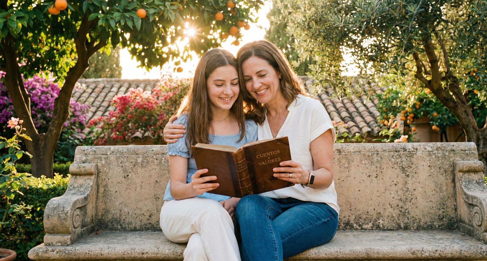 Una madre enseñando valores tradicionales a su hija en un entorno tranquilo.