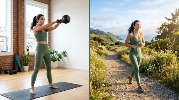 A woman practicing a balanced routine of strength training and outdoor walking for hormonal health.