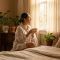 Una mujer serena en una habitación suavemente iluminada, representando la receptividad femenina y la armonía biológica.