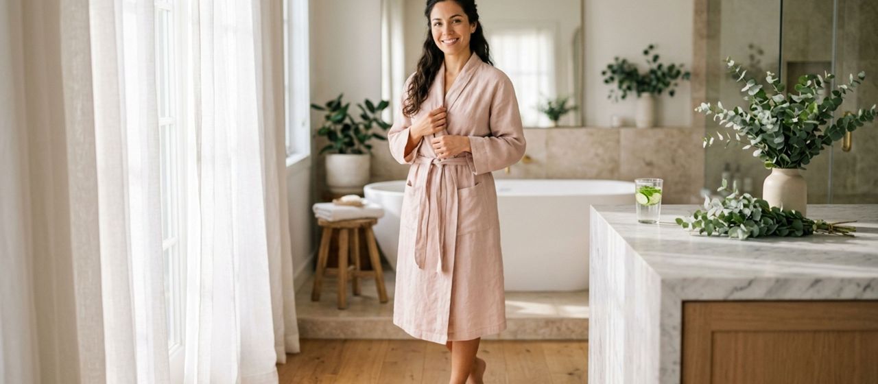 Mujer serena con una bata color rosa suave bajo una luz brillante de la mañana, representando el equilibrio natural del pH vaginal y el bienestar íntimo cotidiano