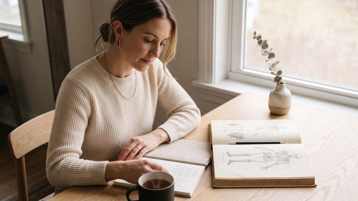 Woman in a cream knit studying an illustrated anatomy atlas at a sunlit desk while learning about female genital anatomy
