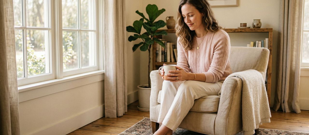 A calm, confident woman in soft natural light, representing body awareness and self-knowledge