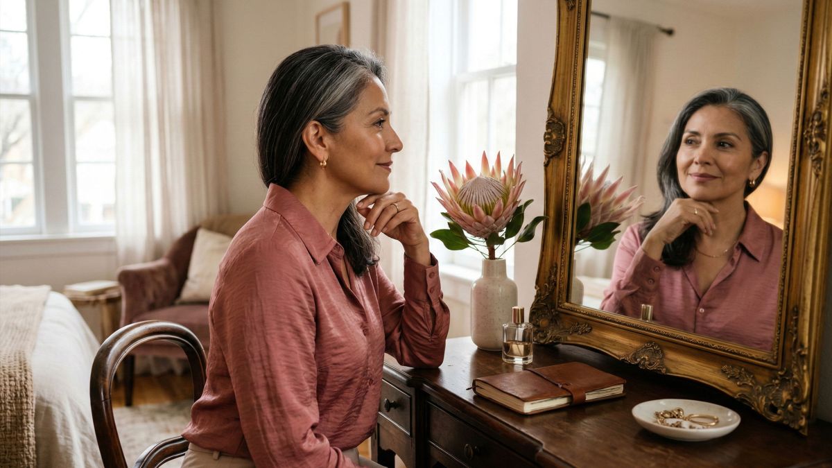 Una mujer madura y elegante reflexionando sobre su recorrido y cambios físicos.