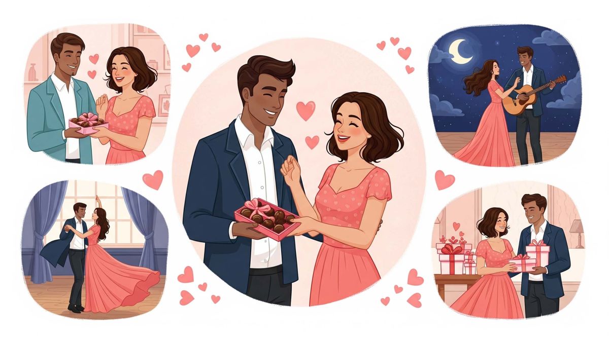 Parejas de diferentes culturas mostrando amor mediante gestos tradicionales