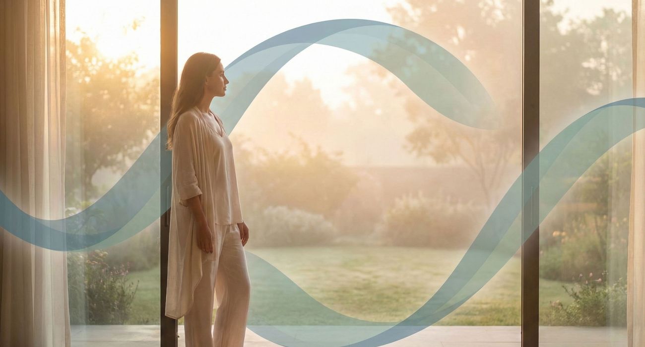 Une femme en r&eacute;flexion dans une douce lumi&egrave;re, symbolisant l'&eacute;quilibre hormonal et l'&eacute;nergie.