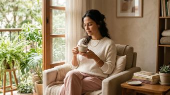 Uma mulher calma e confiante em luz natural suave, representando consciência corporal e autoconhecimento