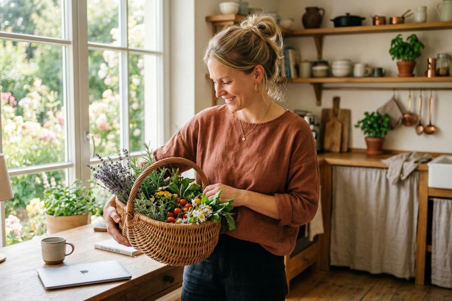 Eine moderne Frau, die Familie und häusliches Leben in ruhiger Atmosphäre vereint und den Lebensstilwandel 2026 symbolisiert.
