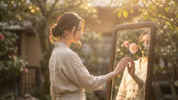 柔らかな光の中で、ボディコンフィデンスと自己愛への旅を振り返る女性