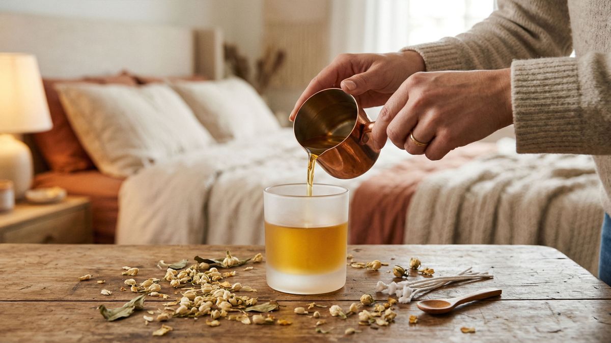 Une femme fabriquant une bougie parfumée pour une soirée romantique.