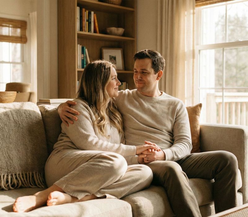 A husband and wife sitting together, representing a secure and stable marital bond.