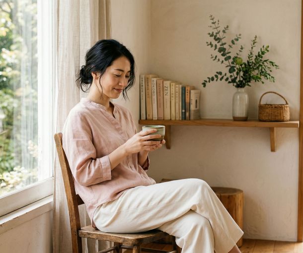 やわらかな自然光の中で落ち着きと自信を感じさせる女性。身体への理解と自己認識を象徴している