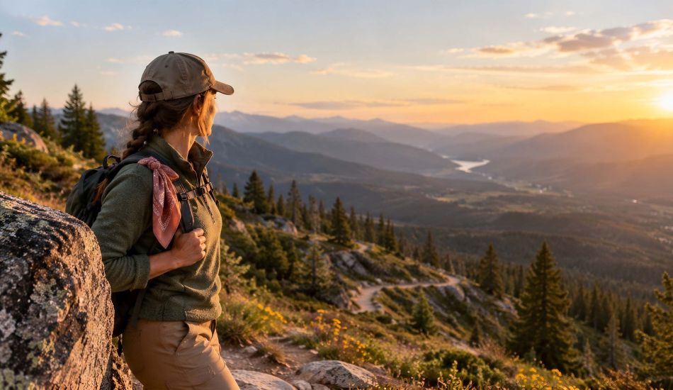 Woman hiker pausing beside a granite boulder on a mountain trail at golden hour with a rose bandana tied to her daypack