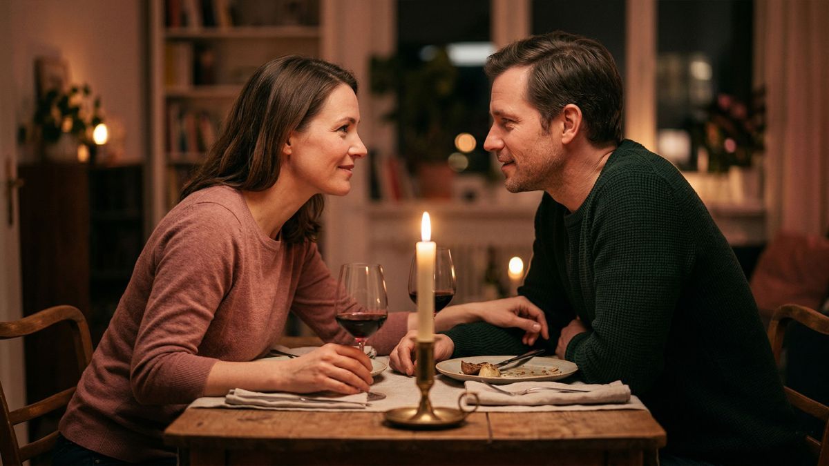 Ein Paar genießt ein warmes Abendessen bei Kerzenlicht zu Hause, lacht und beugt sich einander in echter Verbundenheit zu