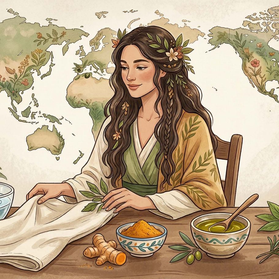 世界のウェルネス要素のミニマリストなフラットレイ：ターメリック、オリーブオイル、ハーブ、透明な水が親密な衛生伝統を象徴しています。