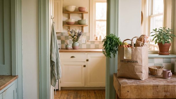 Sunlit kitchen doorway with a grocery bag and two coffee mugs, symbolizing an honest mother-daughter conversation.
