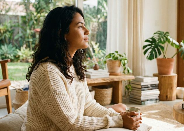 Uma mulher praticando respiração consciente em um ambiente claro e tranquilo para reduzir o estresse.