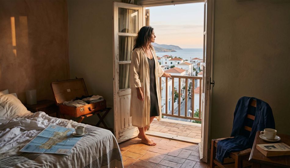 Woman in a linen robe at a hotel balcony doorway in morning light, reflecting on why travel doesn't restore closeness in a marriage