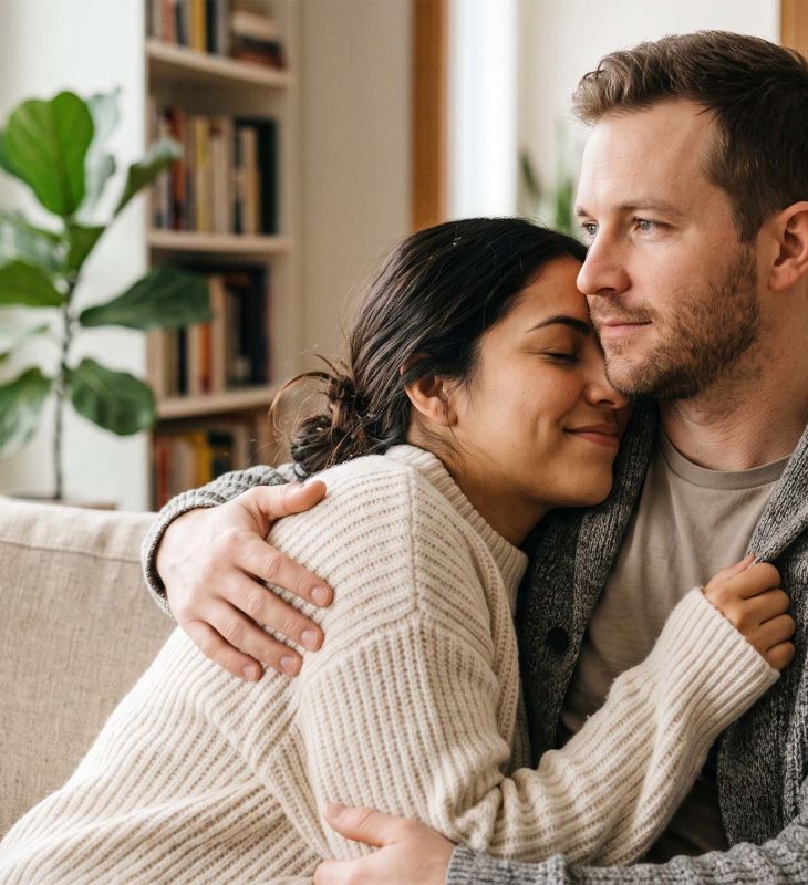 Mujer sonriendo con los ojos cerrados mientras respira el aroma de la camisa de su pareja bajo la cálida luz de la mañana.