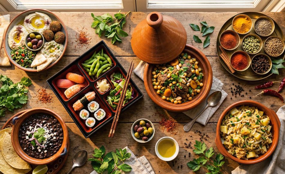 Overhead flat-lay of traditional dishes from Lebanon, Japan, Mexico, Morocco and India arranged on a rustic wooden table with fresh herbs and spices