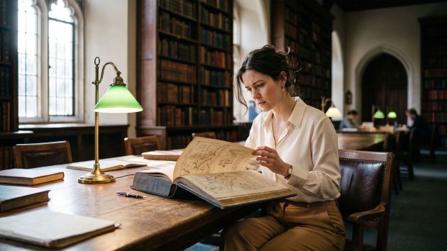 Woman researching the history of female anatomy in old medical textbooks at a sunlit archive library table