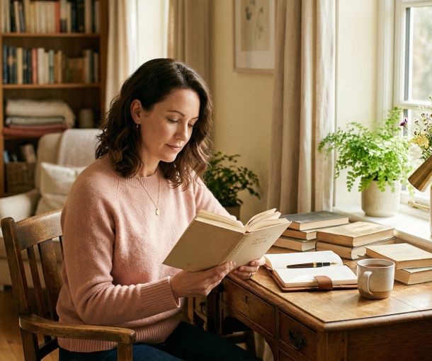 A woman seated at a sunlit desk reading and reflecting in soft warm light