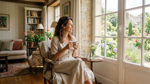 Une femme paisible profitant d’un moment calme dans une maison lumineuse et propre.