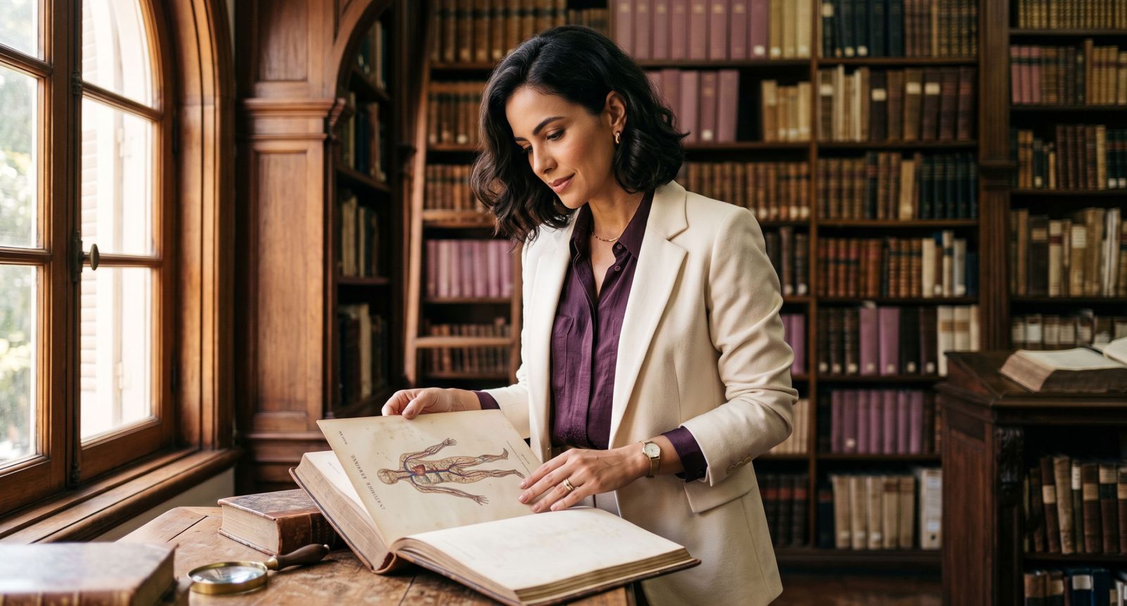 Mulher elegante examinando um catálogo médico do século XIX em um arquivo iluminado pela luz do sol, ilustrando a história documentada do tratamento vitoriano da histeria.