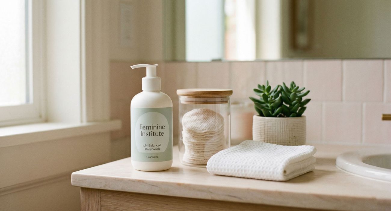 Cena suave de banheiro feminino com produtos naturais de skincare representando uma rotina consciente de higiene íntima feminina