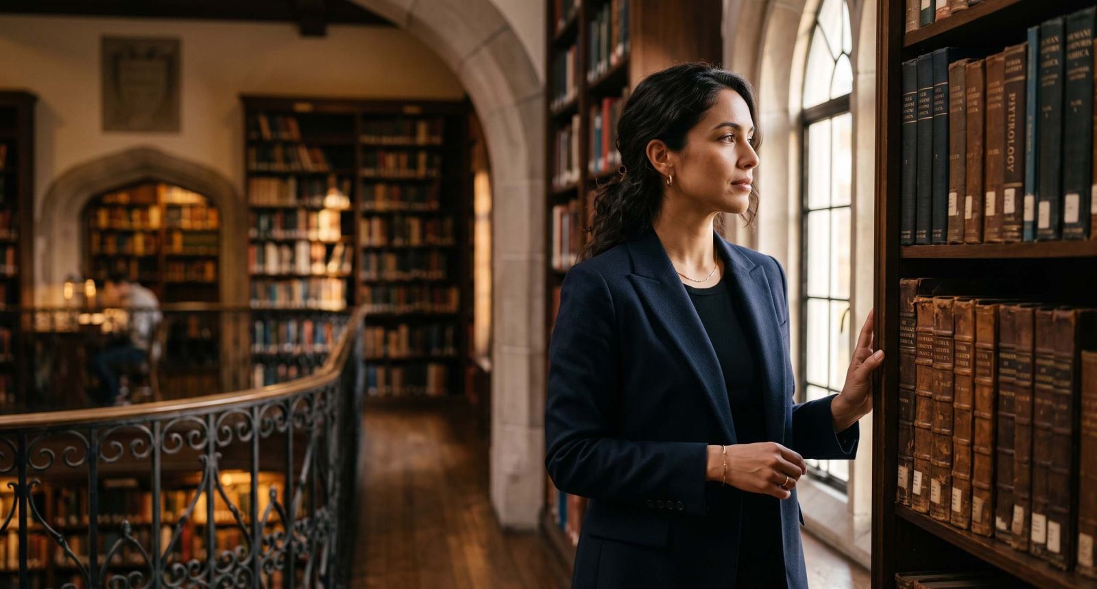 Elegante mujer estudiando antiguos libros de anatomía en una biblioteca médica histórica, ilustrando la historia de la teoría del útero errante en la medicina femenina.