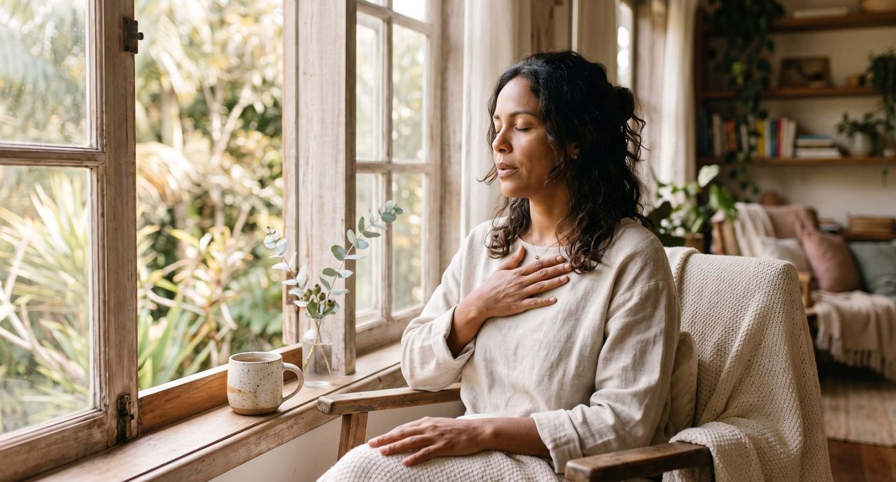 Mulher perto de uma janela respirando lentamente para acalmar um sistema nervoso hiperativo